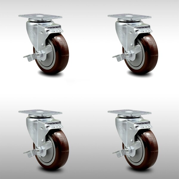 4 Inch SS Maroon Polyurethane Swivel Top Plate Caster Set with Brake SCC